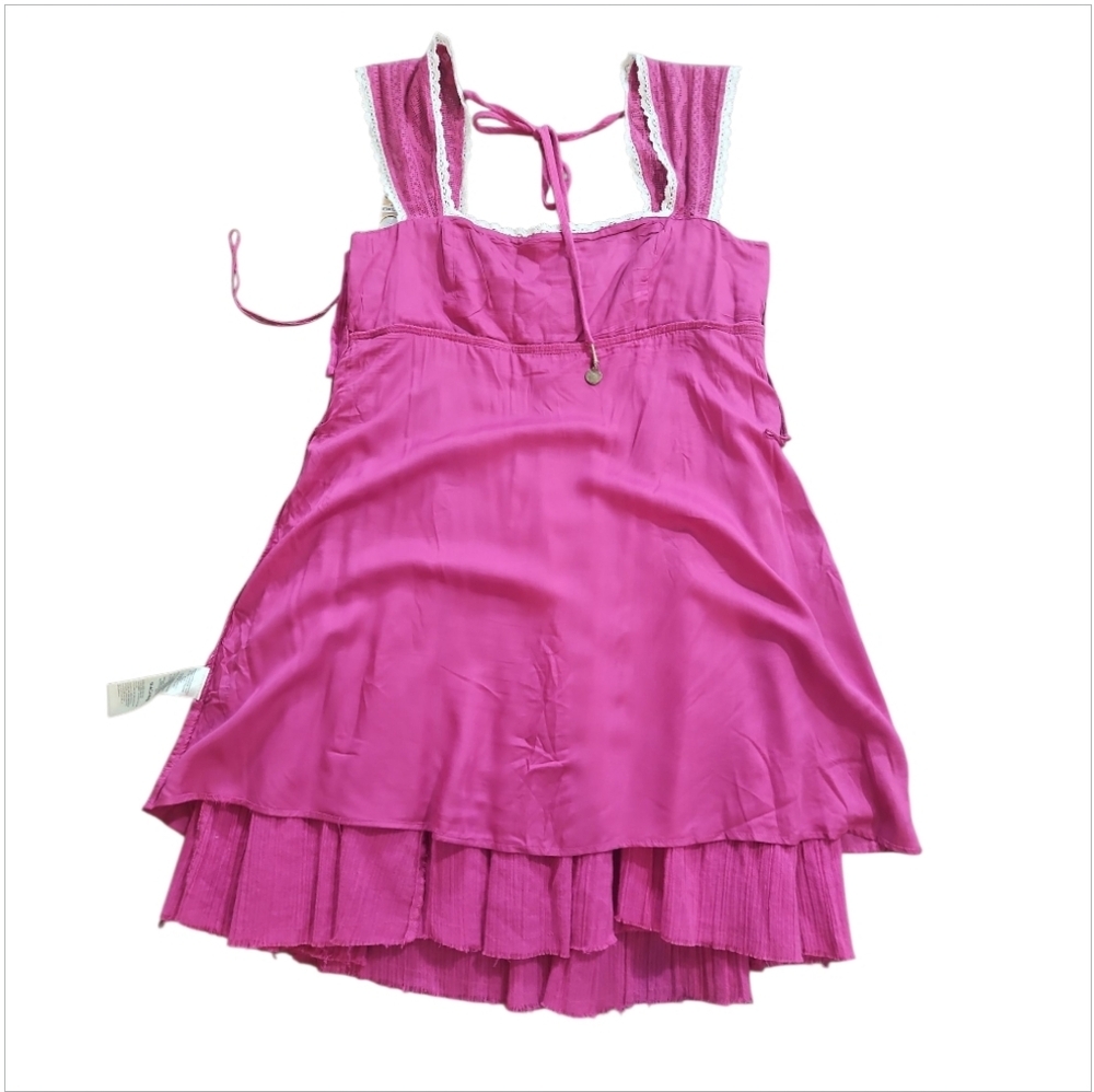 Free People Heartland Mini Dress Pink Lace Babydoll Boho sz L NWT - Picture 9 of 12